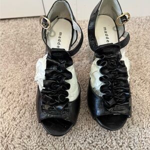 Madden Girl Black Ruffle Peep-Toe Ankle-Strap Heels